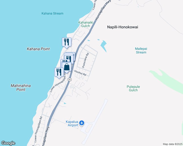 map of restaurants, bars, coffee shops, grocery stores, and more near 22 Kahana Ridge Drive in Lahaina