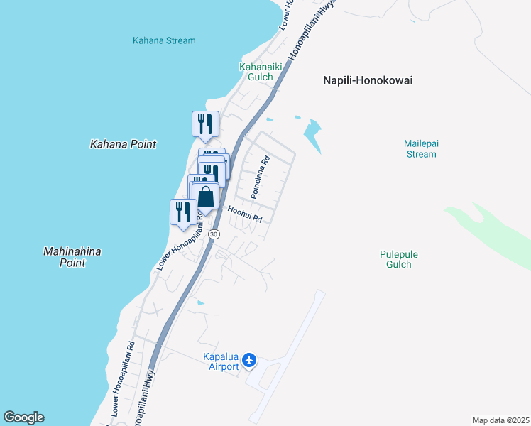map of restaurants, bars, coffee shops, grocery stores, and more near 142 Kahana Makai Road in Lahaina