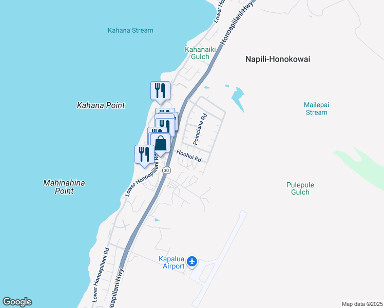 map of restaurants, bars, coffee shops, grocery stores, and more near 7 Poinciana Road in Lahaina