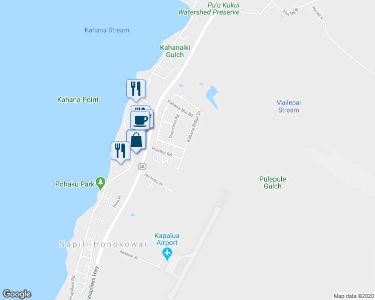 map of restaurants, bars, coffee shops, grocery stores, and more near 30 Kahana Ridge Drive in Lahaina