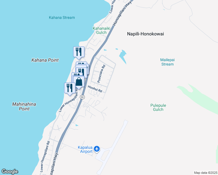 map of restaurants, bars, coffee shops, grocery stores, and more near 30 Kahana Ridge Drive in Lahaina