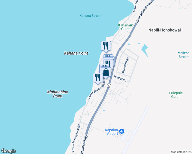 map of restaurants, bars, coffee shops, grocery stores, and more near 4327 Lower Honoapiilani Road in Lahaina