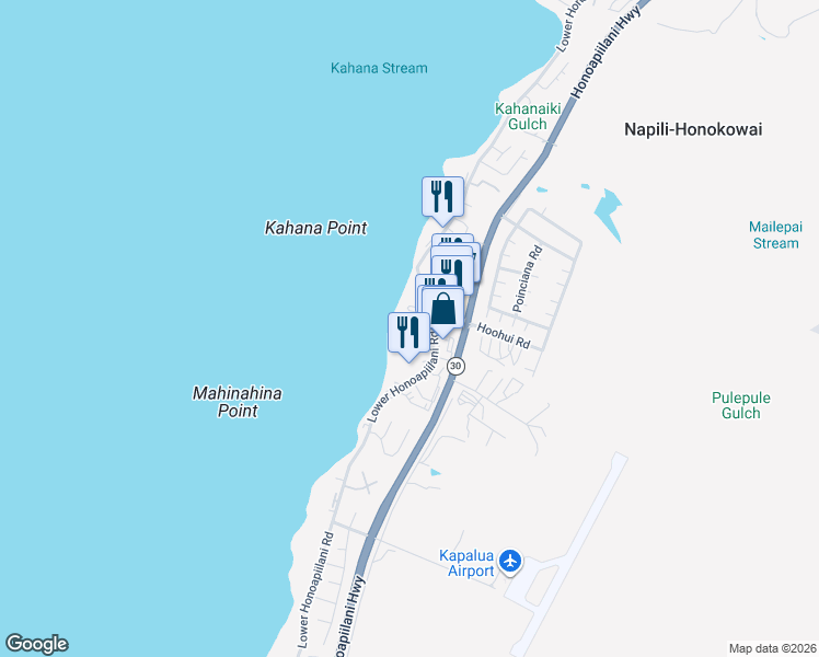 map of restaurants, bars, coffee shops, grocery stores, and more near 4327 Lower Honoapiilani Road in Lahaina