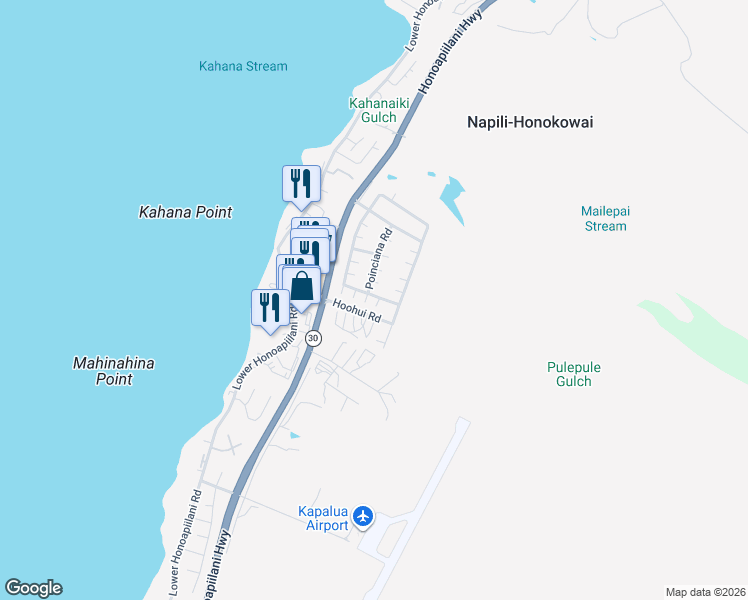 map of restaurants, bars, coffee shops, grocery stores, and more near 7 Poinciana Road in Lahaina