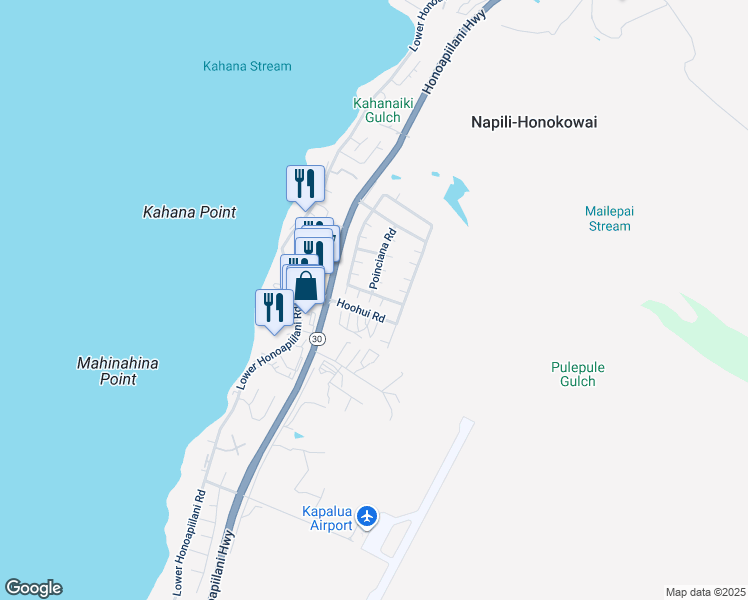 map of restaurants, bars, coffee shops, grocery stores, and more near 7 Poinciana Road in Lahaina