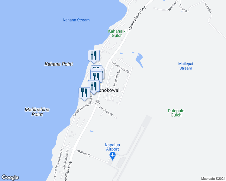 map of restaurants, bars, coffee shops, grocery stores, and more near 6 Poinciana Road in Lahaina