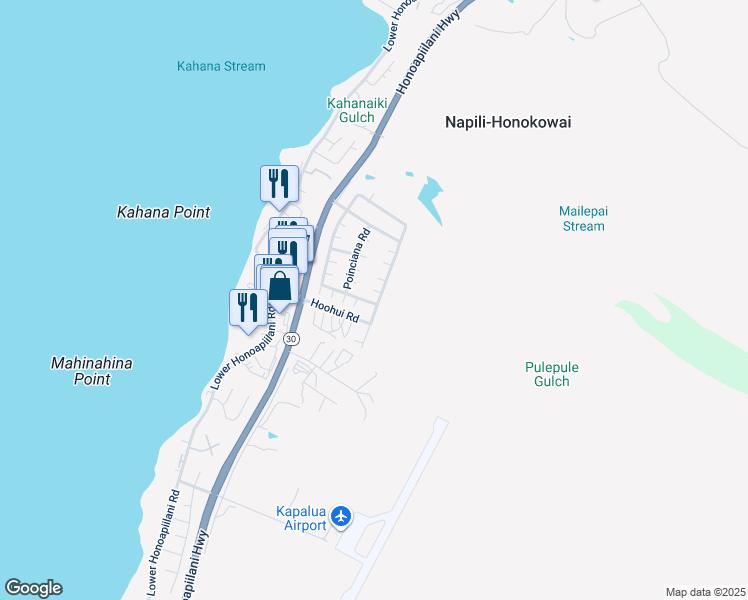 map of restaurants, bars, coffee shops, grocery stores, and more near 33 Kahana Ridge Drive in Lahaina