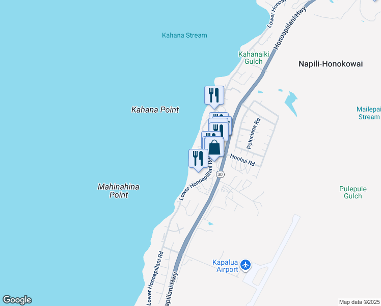 map of restaurants, bars, coffee shops, grocery stores, and more near 4327 Lower Honoapiilani Road in Lahaina