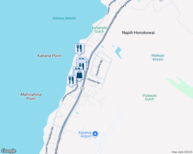 map of restaurants, bars, coffee shops, grocery stores, and more near 7 Poinciana Road in Lahaina