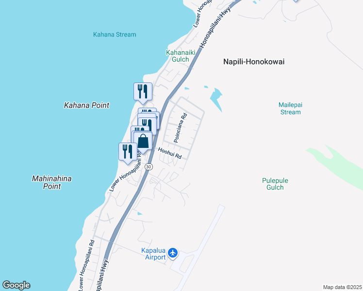 map of restaurants, bars, coffee shops, grocery stores, and more near 125 Kahana Makai Road in Lahaina