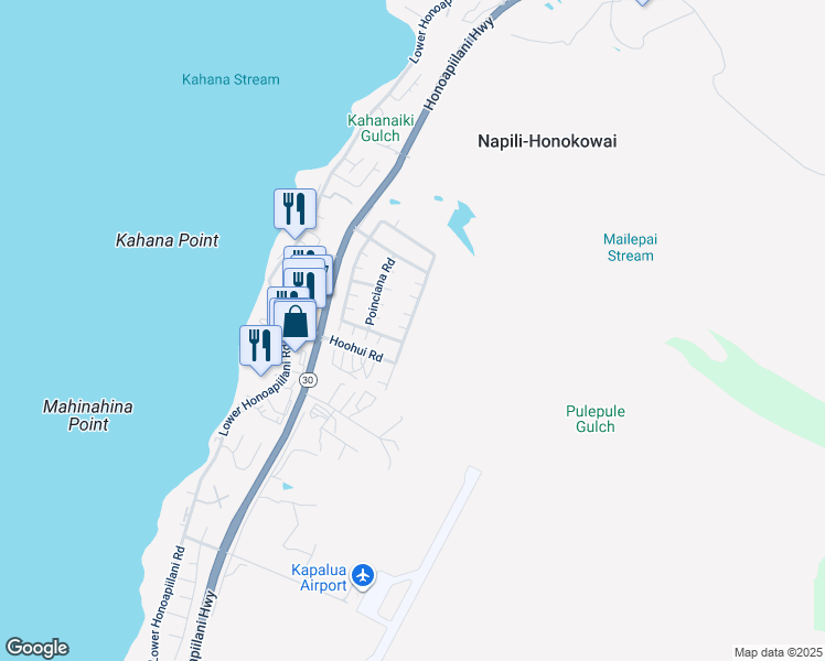 map of restaurants, bars, coffee shops, grocery stores, and more near 58 Kahana Ridge Drive in Lahaina