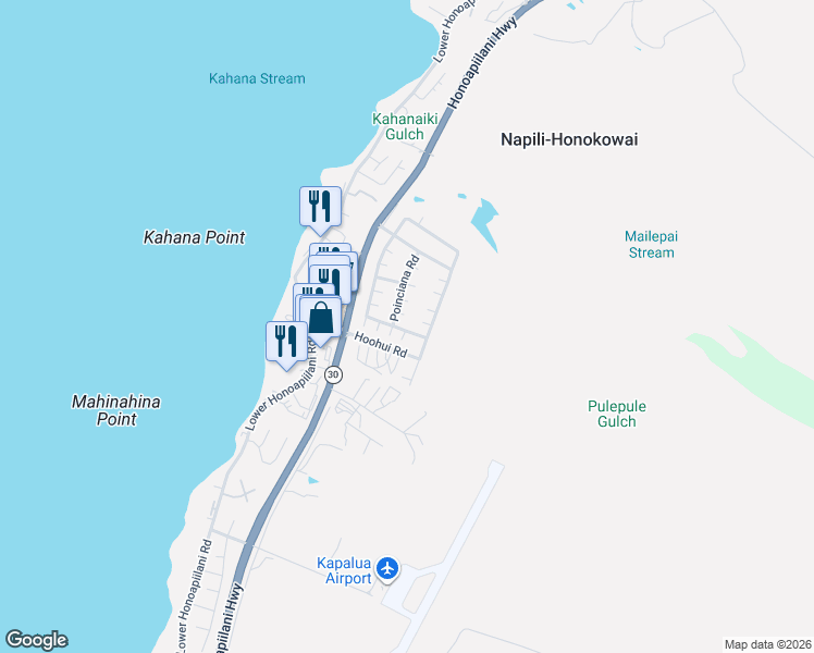 map of restaurants, bars, coffee shops, grocery stores, and more near 125 Kahana Makai Road in Lahaina