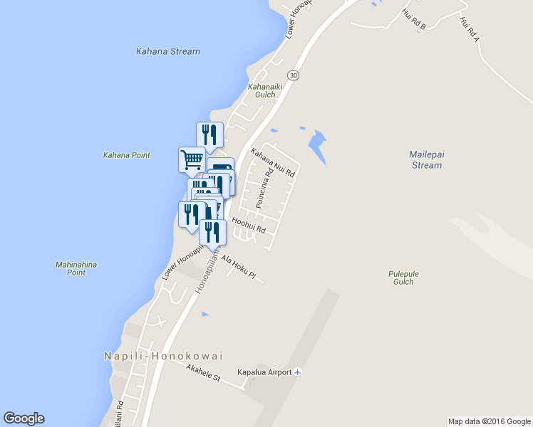 map of restaurants, bars, coffee shops, grocery stores, and more near 125 Kahana Makai Road in Lahaina
