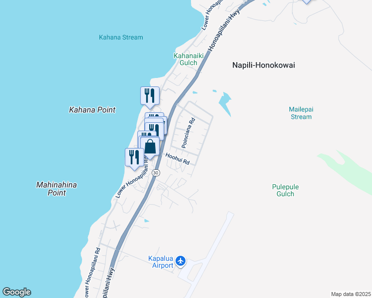 map of restaurants, bars, coffee shops, grocery stores, and more near 6 Poinciana Road in Lahaina