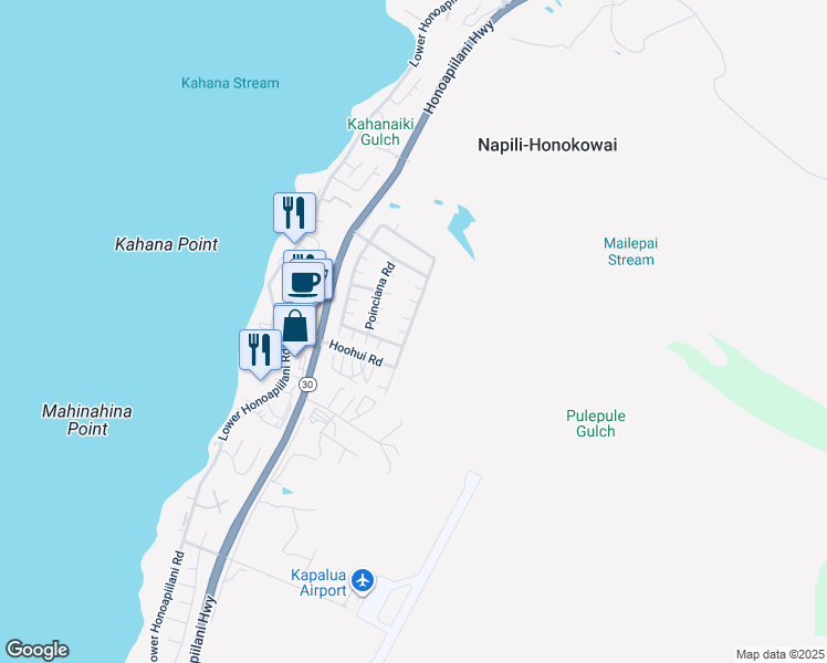 map of restaurants, bars, coffee shops, grocery stores, and more near 58 Kahana Ridge Drive in Lahaina