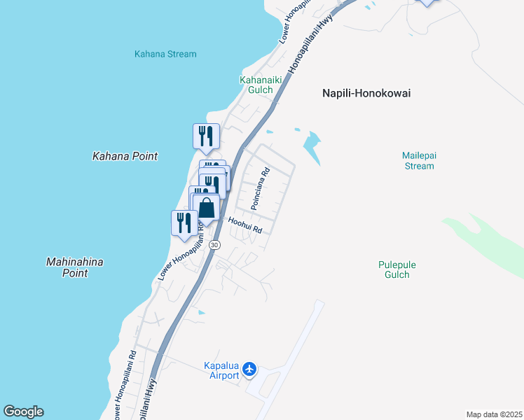 map of restaurants, bars, coffee shops, grocery stores, and more near 16 Plumeria Place in Lahaina
