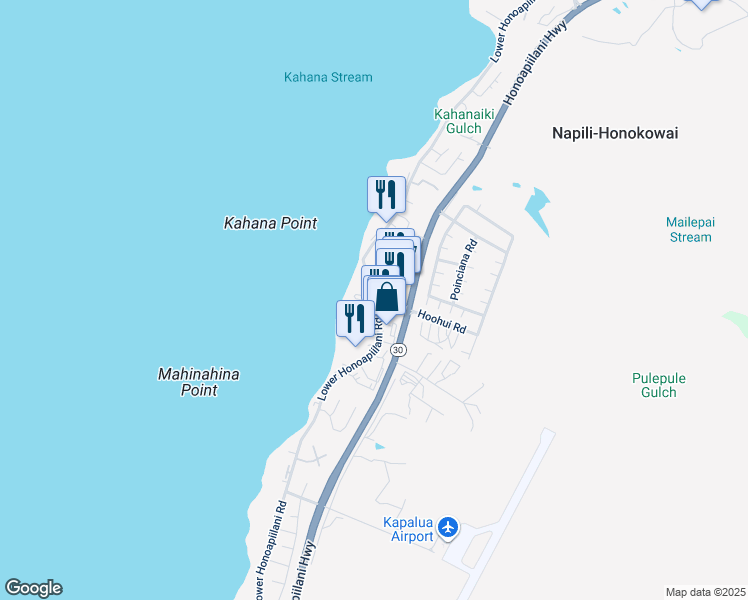 map of restaurants, bars, coffee shops, grocery stores, and more near 4347 Lower Honoapiilani Road in Lahaina