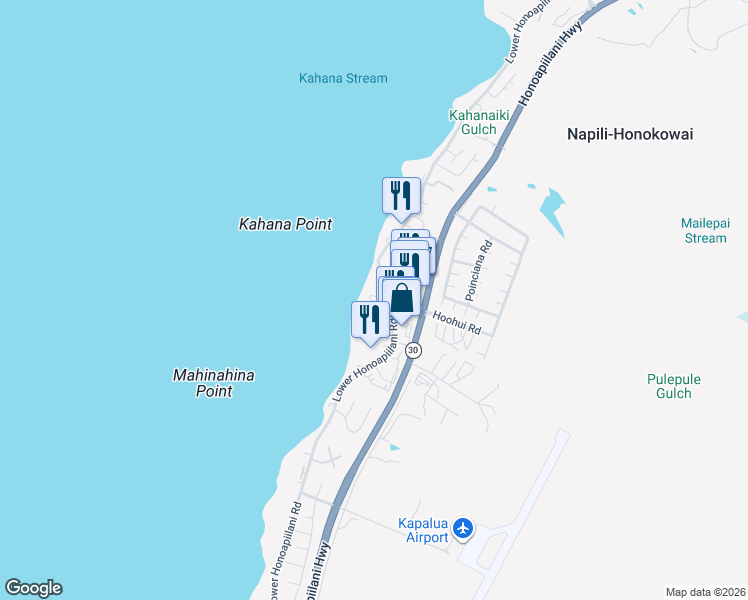map of restaurants, bars, coffee shops, grocery stores, and more near 4327 Lower Honoapiilani Road in Lahaina