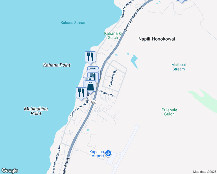 map of restaurants, bars, coffee shops, grocery stores, and more near 7 Poinciana Road in Lahaina