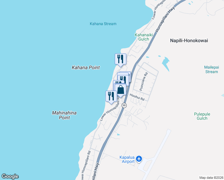 map of restaurants, bars, coffee shops, grocery stores, and more near 4327 Lower Honoapiilani Road in Lahaina