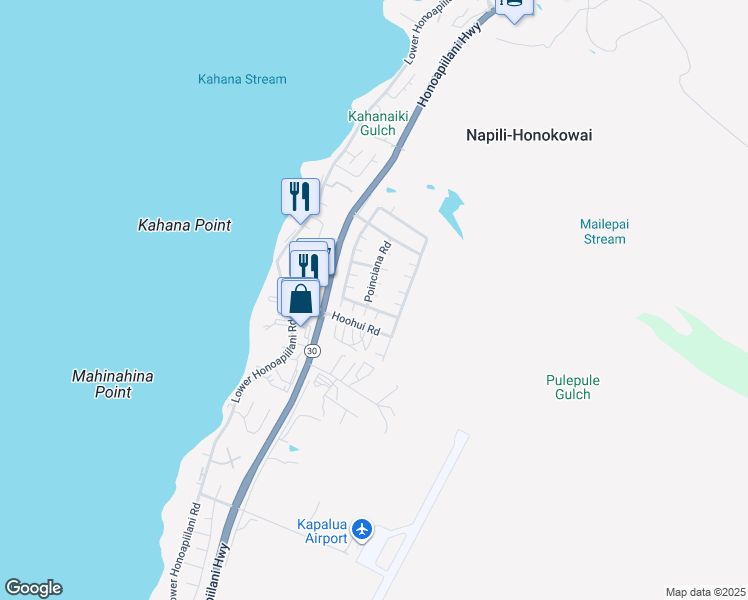 map of restaurants, bars, coffee shops, grocery stores, and more near 7 Poinciana Road in Lahaina