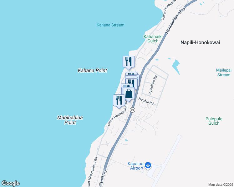 map of restaurants, bars, coffee shops, grocery stores, and more near 4327 Lower Honoapiilani Road in Lahaina