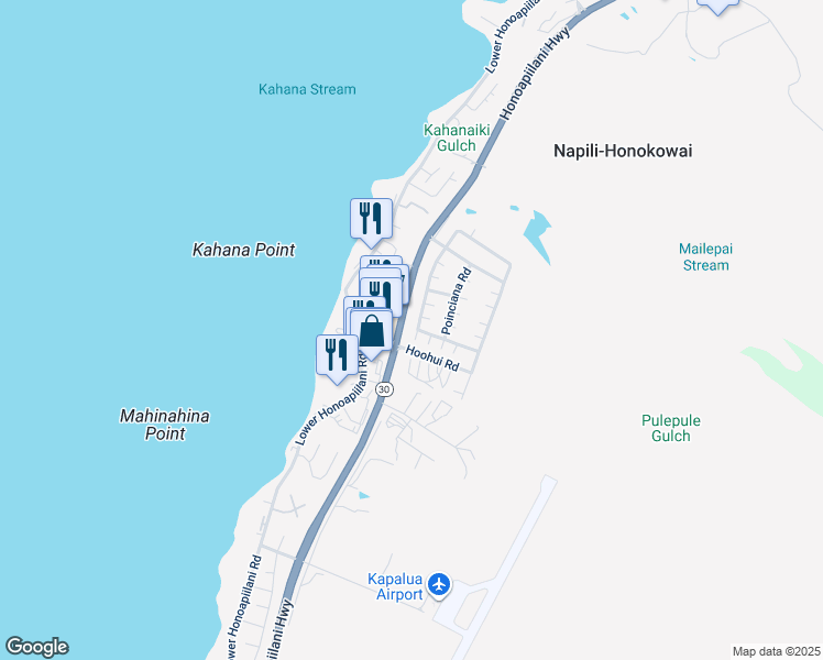 map of restaurants, bars, coffee shops, grocery stores, and more near 386 Kahana Ridge Drive in Lahaina