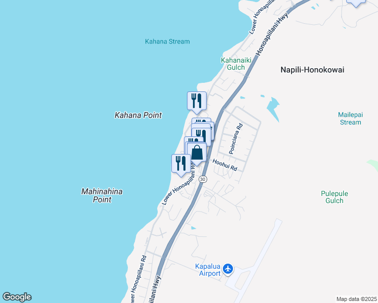 map of restaurants, bars, coffee shops, grocery stores, and more near 4347 Lower Honoapiilani Road in Lahaina