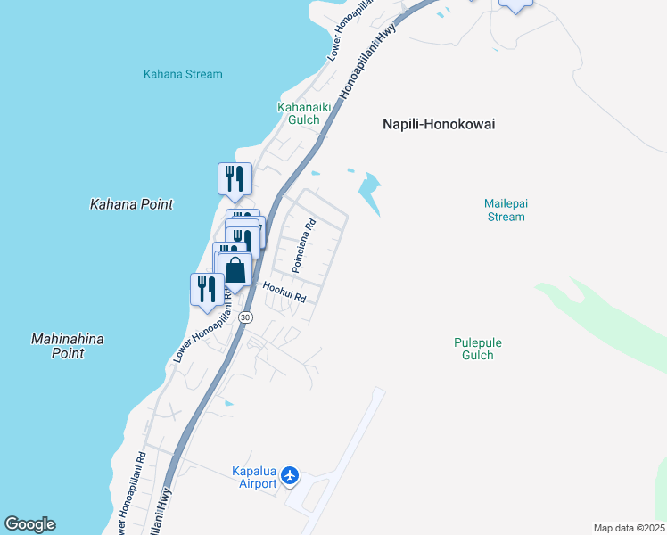 map of restaurants, bars, coffee shops, grocery stores, and more near 72 Kahana Ridge Drive in Lahaina