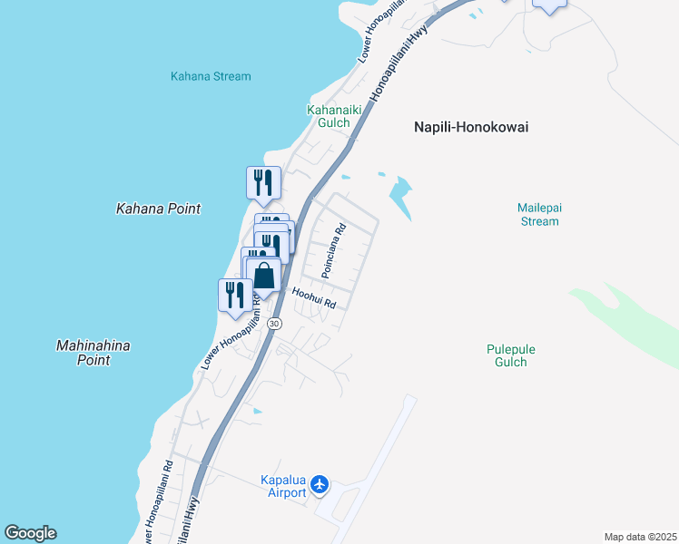 map of restaurants, bars, coffee shops, grocery stores, and more near 7 Poinciana Road in Lahaina