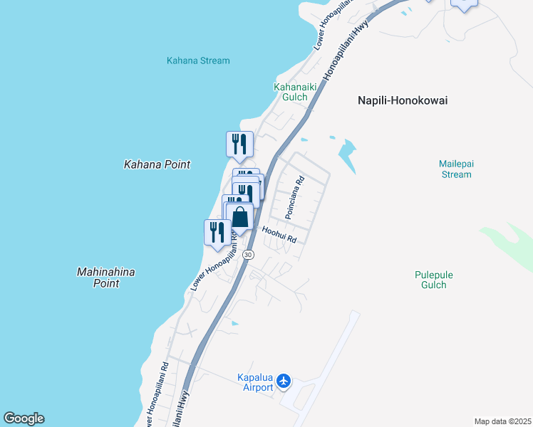 map of restaurants, bars, coffee shops, grocery stores, and more near 380 Kahana Ridge Drive in Lahaina