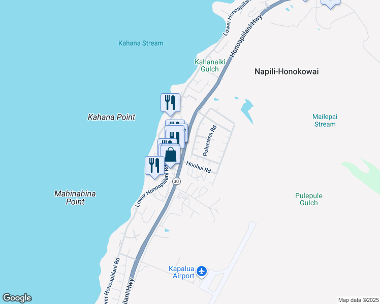 map of restaurants, bars, coffee shops, grocery stores, and more near 380 Kahana Ridge Drive in Lahaina