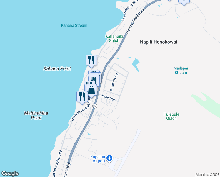 map of restaurants, bars, coffee shops, grocery stores, and more near 55 Poinciana Road in Lahaina