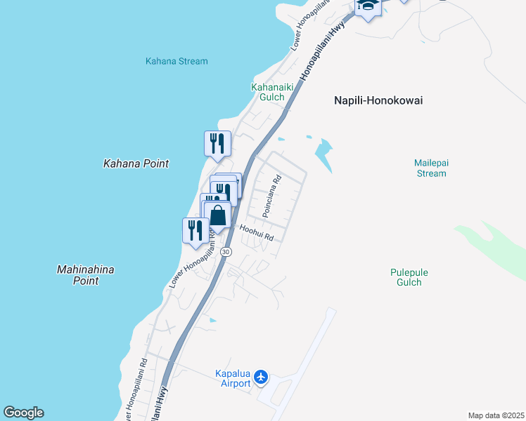 map of restaurants, bars, coffee shops, grocery stores, and more near 29 Poinciana Road in Lahaina