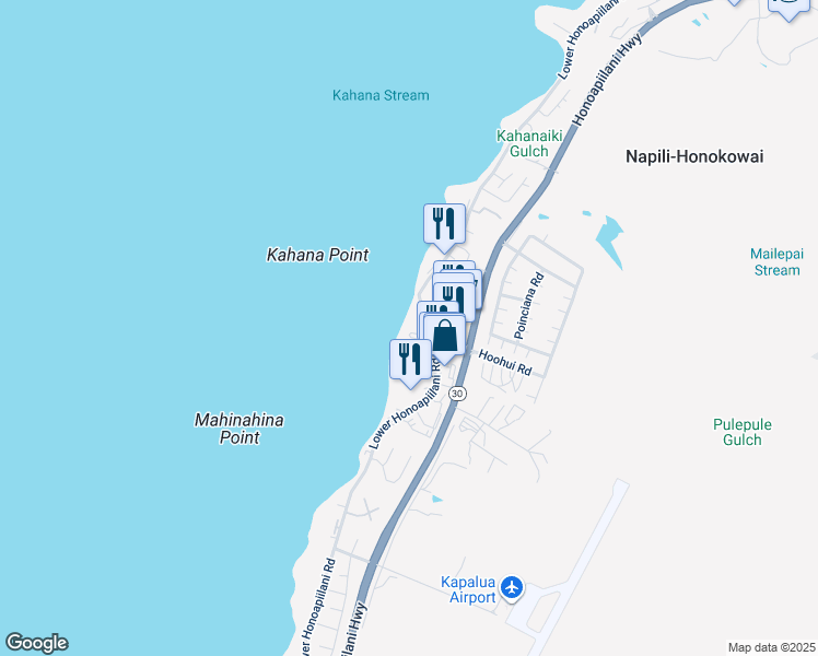map of restaurants, bars, coffee shops, grocery stores, and more near 4365 Lower Honoapiilani Road in Lahaina