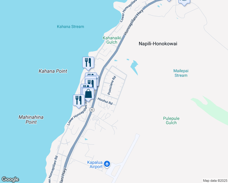 map of restaurants, bars, coffee shops, grocery stores, and more near 55 Poinciana Road in Lahaina