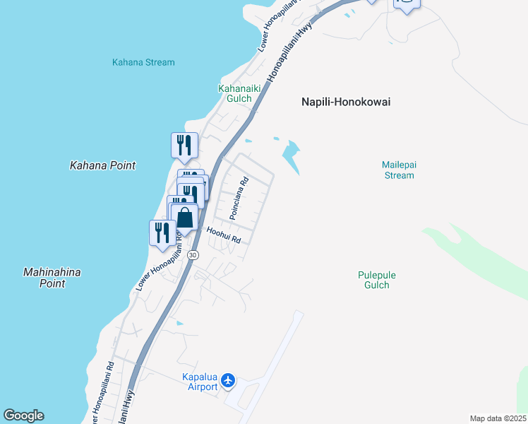 map of restaurants, bars, coffee shops, grocery stores, and more near 76 Kahana Ridge Drive in Lahaina