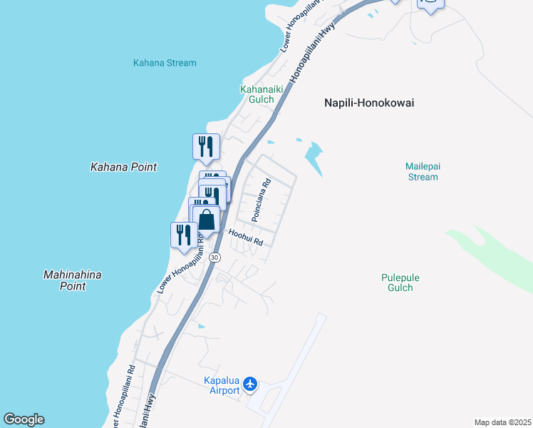 map of restaurants, bars, coffee shops, grocery stores, and more near 55 Poinciana Road in Lahaina