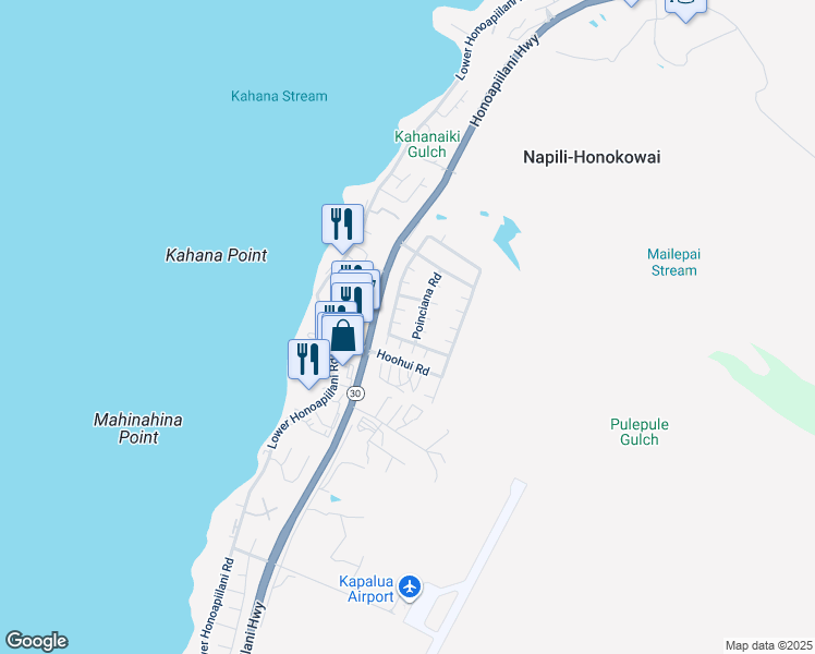 map of restaurants, bars, coffee shops, grocery stores, and more near 55 Poinciana Road in Lahaina
