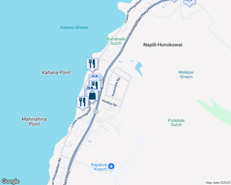 map of restaurants, bars, coffee shops, grocery stores, and more near 55 Poinciana Road in Lahaina