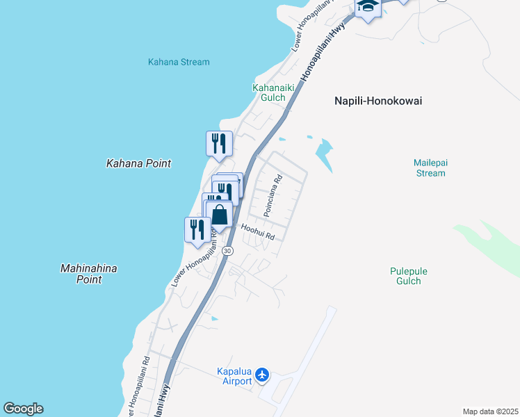 map of restaurants, bars, coffee shops, grocery stores, and more near 55 Poinciana Road in Lahaina