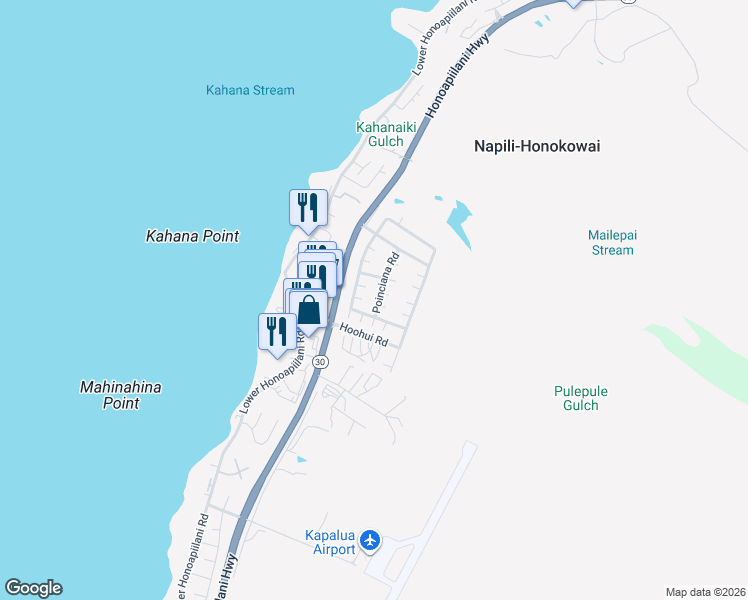 map of restaurants, bars, coffee shops, grocery stores, and more near 29 Poinciana Road in Lahaina