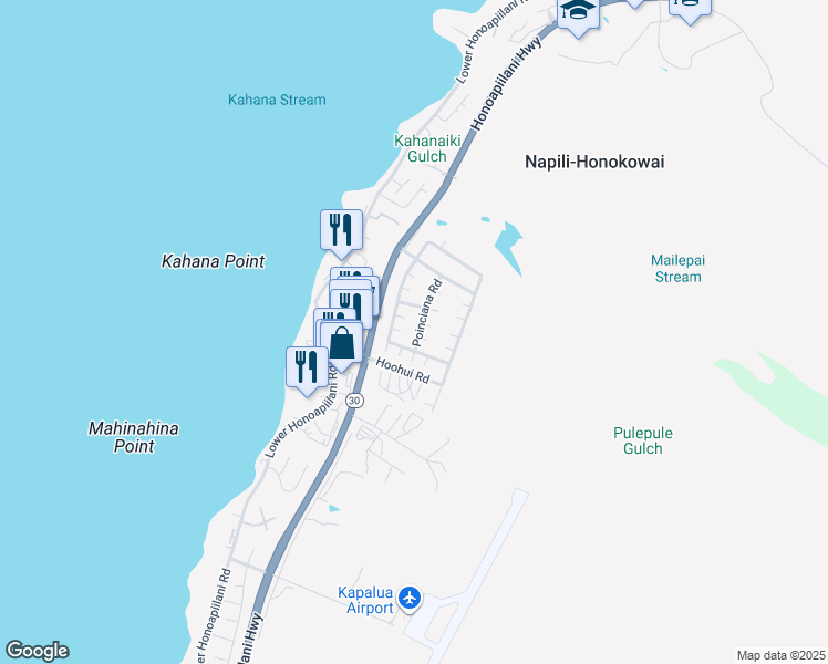 map of restaurants, bars, coffee shops, grocery stores, and more near 29 Poinciana Road in Lahaina
