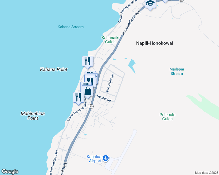 map of restaurants, bars, coffee shops, grocery stores, and more near 55 Poinciana Road in Lahaina