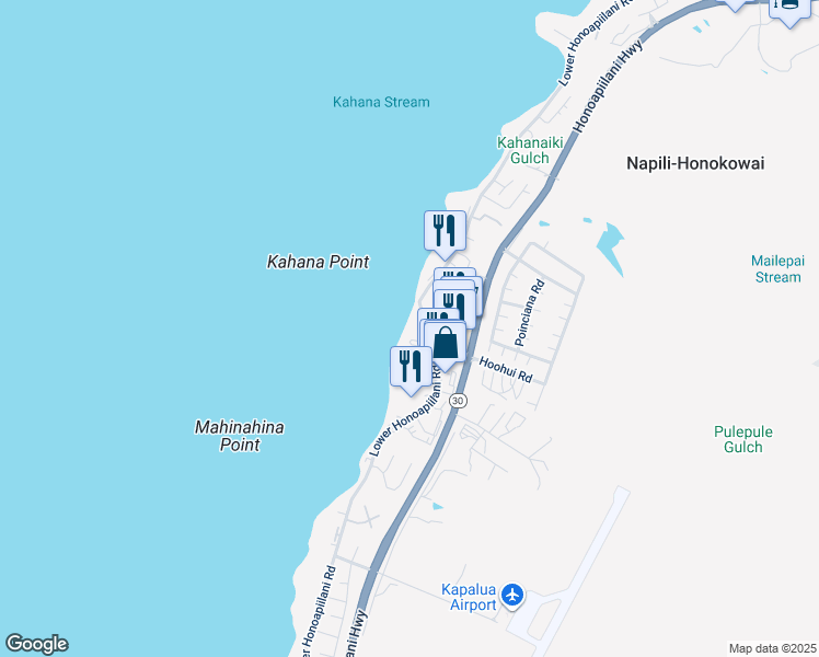 map of restaurants, bars, coffee shops, grocery stores, and more near 4365 Lower Honoapiilani Road in Lahaina