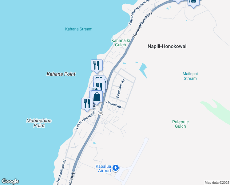 map of restaurants, bars, coffee shops, grocery stores, and more near 55 Poinciana Road in Lahaina