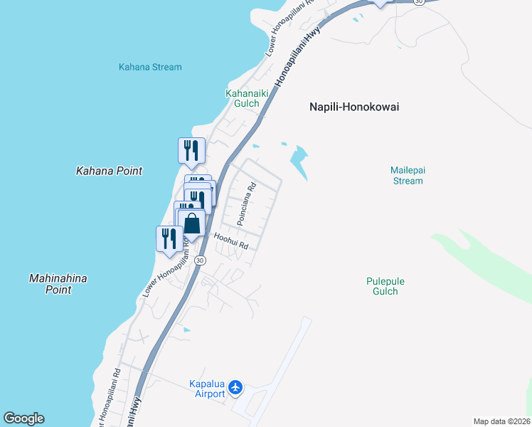map of restaurants, bars, coffee shops, grocery stores, and more near 79 Kahana Ridge Drive in Lahaina