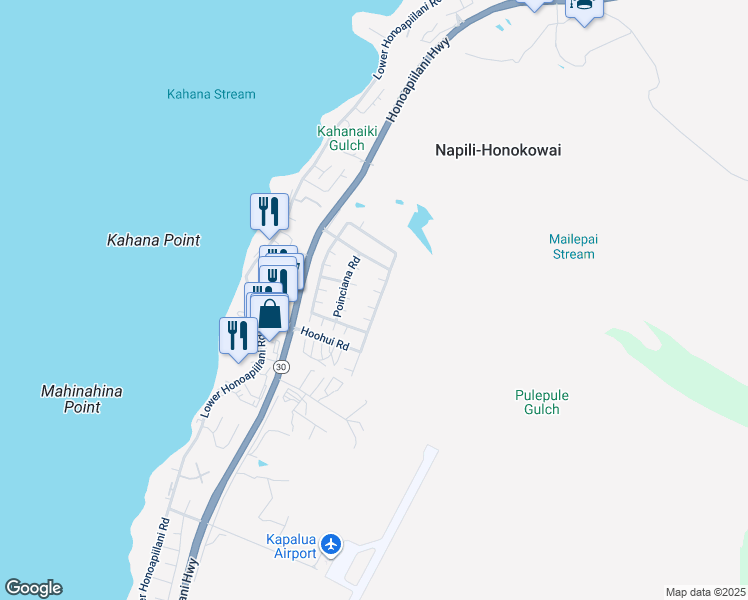 map of restaurants, bars, coffee shops, grocery stores, and more near 79 Kahana Ridge Drive in Lahaina