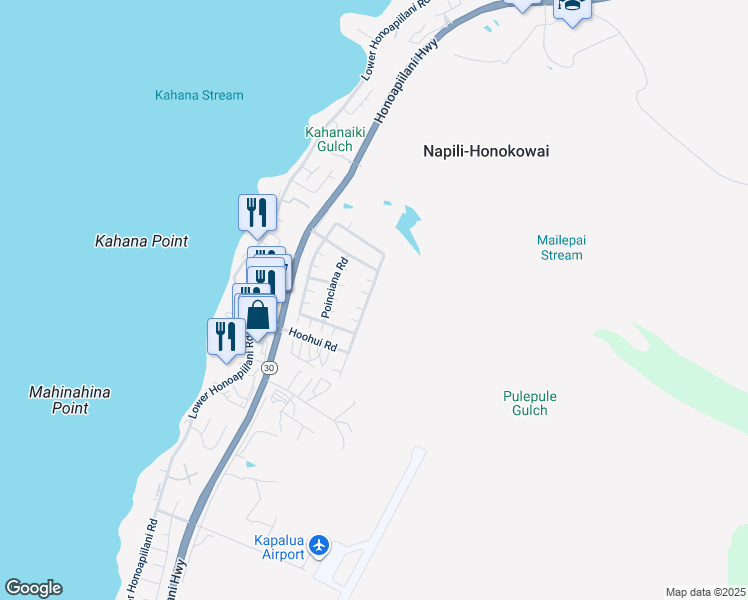 map of restaurants, bars, coffee shops, grocery stores, and more near 92 Kahana Ridge Drive in Lahaina