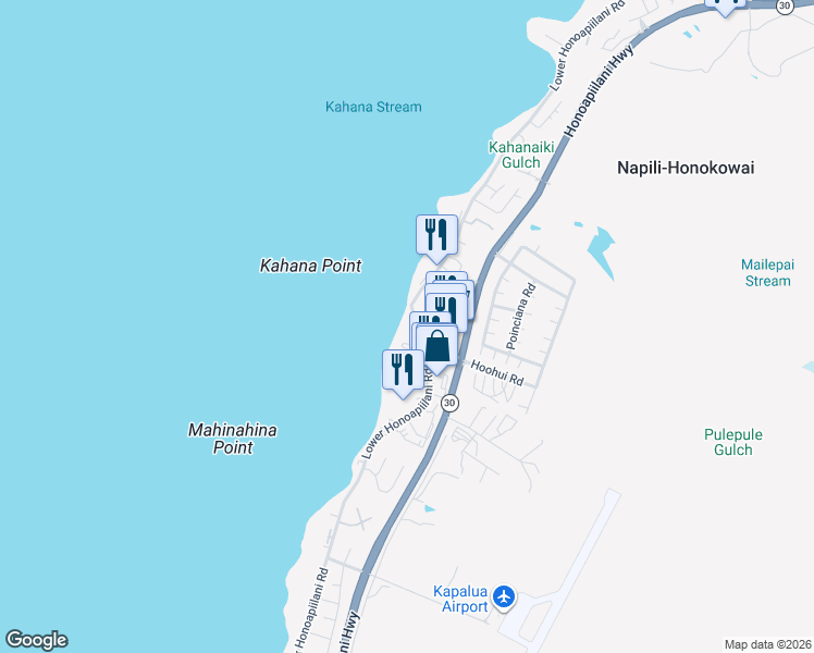 map of restaurants, bars, coffee shops, grocery stores, and more near in Napili-Honokowai